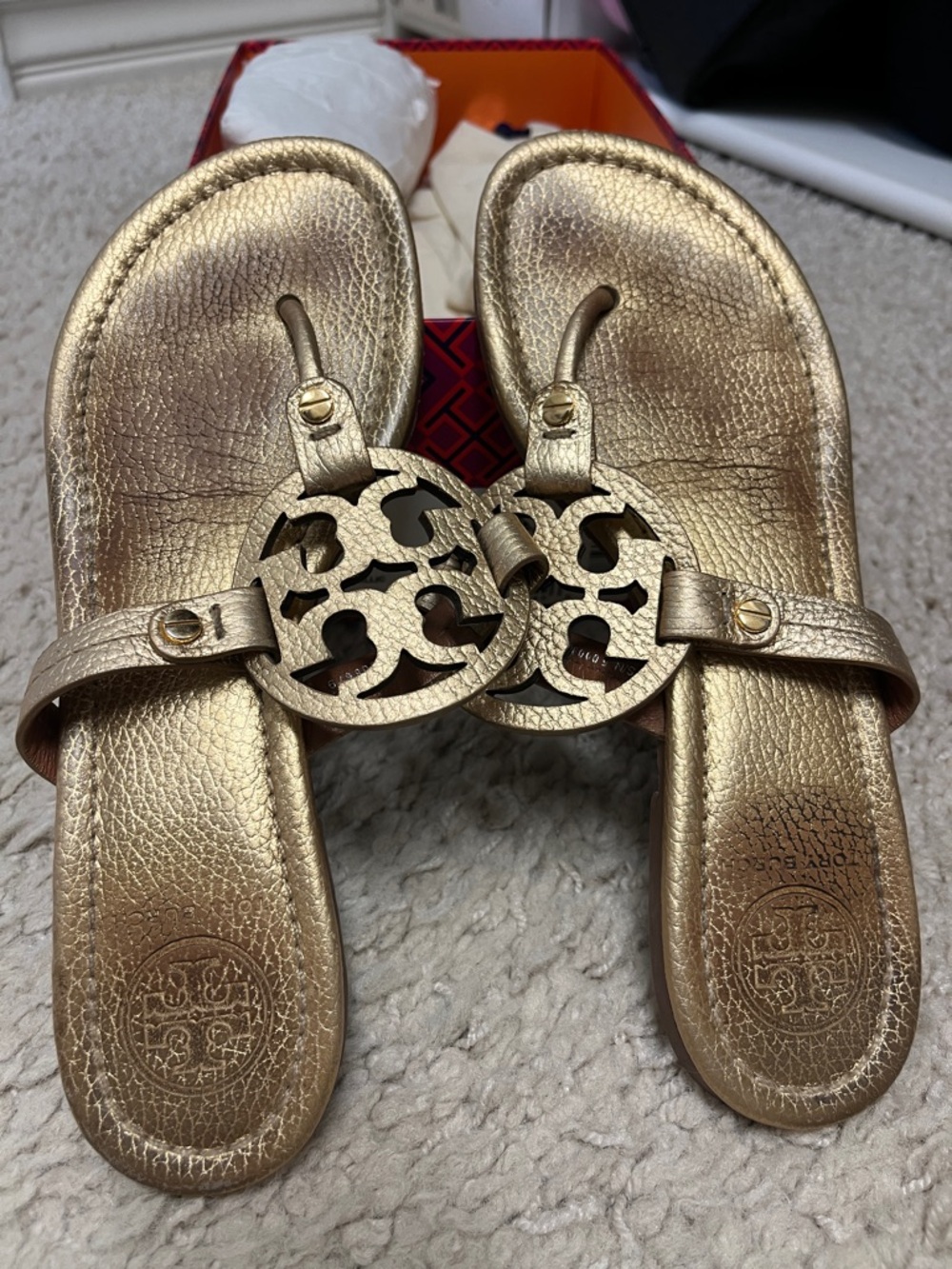 Tory Burch Metallic Gold Leather Logo Sandals